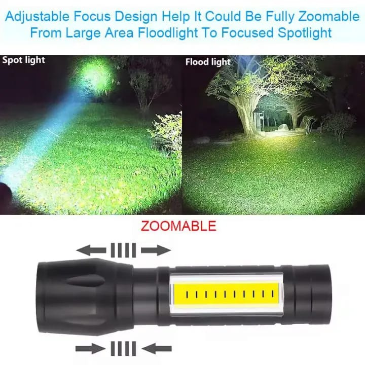 Super Bright USB Rechargeable Plastic Flashlight with Side Light – Compact, Durable & Powerful LED Torch - Metal