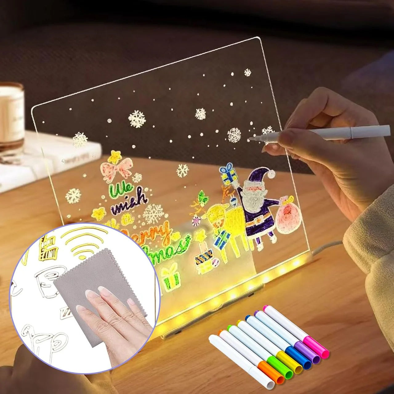 LED Light-Up Transparent Writing Board With 7 Marker | 15×15 cm Acrylic Pad with Stand | Colorful DIY Notes & Erasable Pens Rs 736