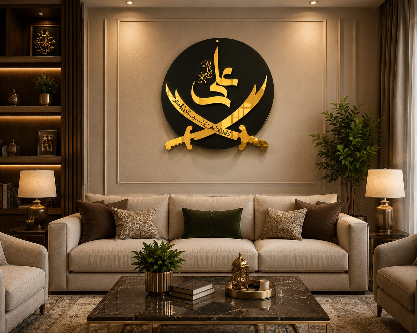 Premium Gold Acrylic & Black Wood Zulfiqar Wall Art – Islamic "Ali" Calligraphy -16*16 and 24*24 inches