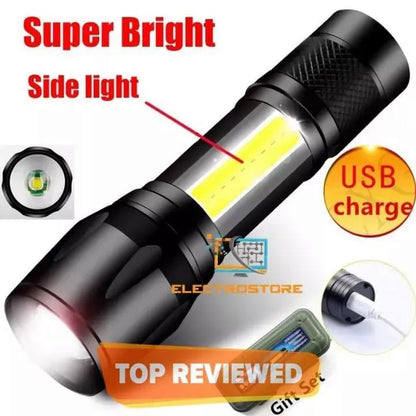 Super Bright USB Rechargeable Plastic Flashlight with Side Light – Compact, Durable & Powerful LED Torch - Metal