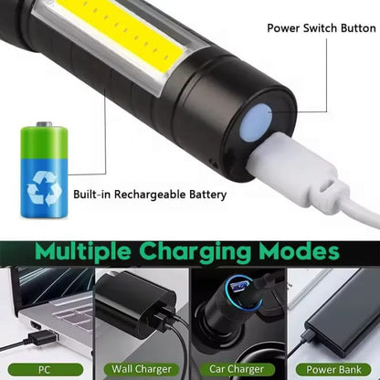 Super Bright USB Rechargeable Plastic Flashlight with Side Light – Compact, Durable & Powerful LED Torch - Metal