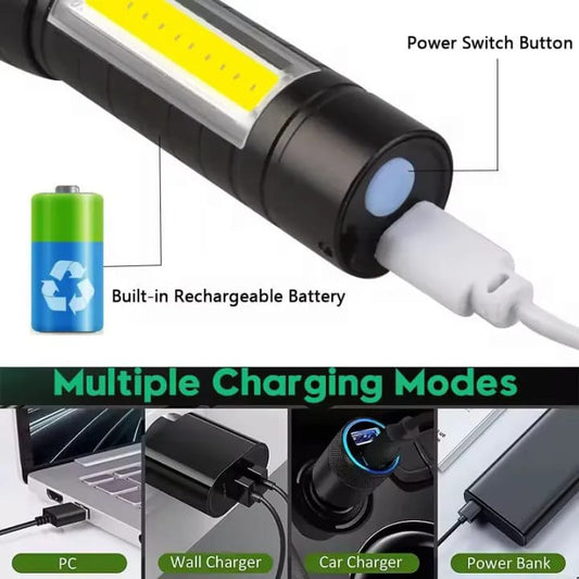 Super Bright USB Rechargeable Plastic Flashlight with Side Light – Compact, Durable & Powerful LED Torch - Metal