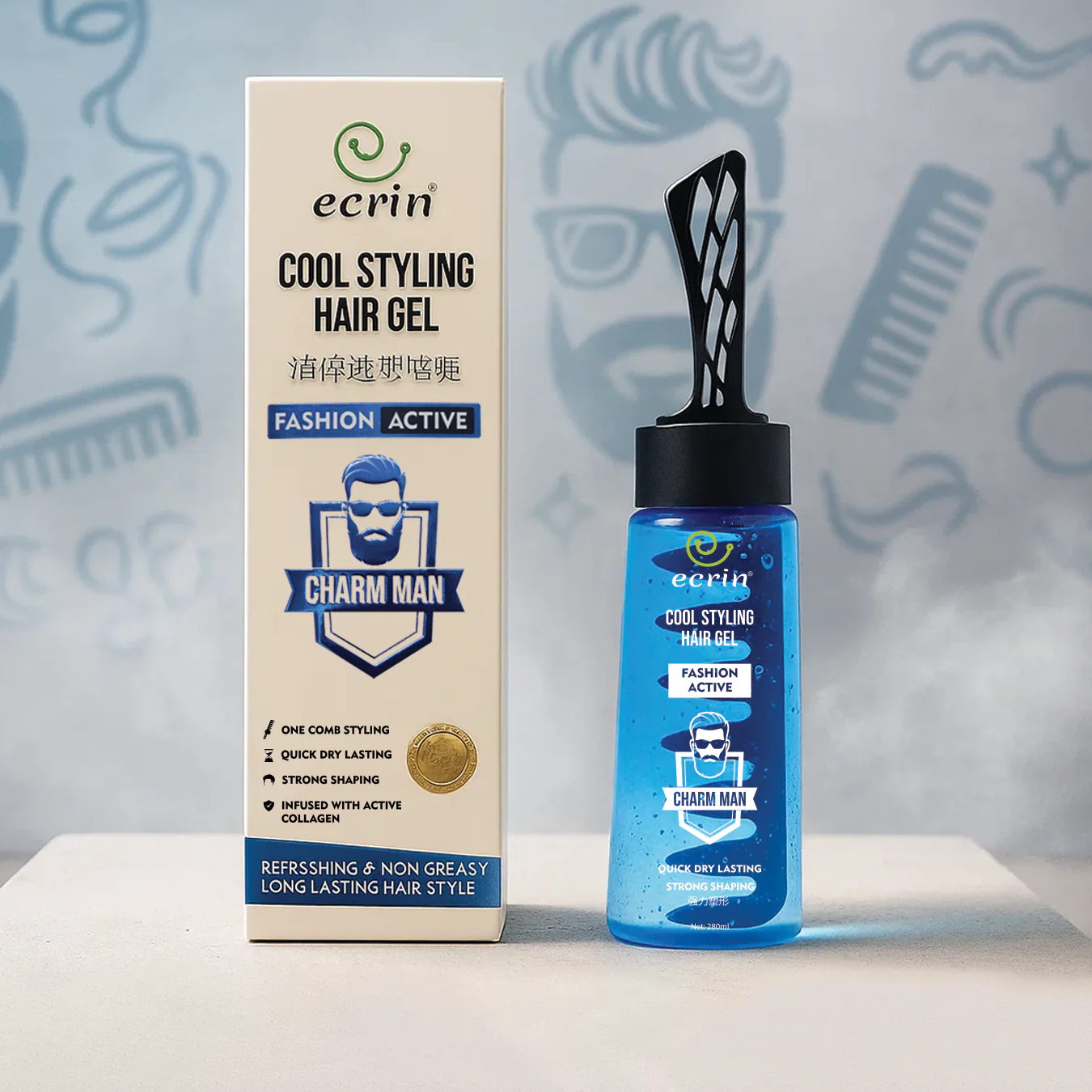 ECRIN Cool Styling Hair Gel with Active Collagen | Strong Hold, No Flakes, Nourishing Formula for All Hair Types, Daily Use Gel with Refreshing Cool Effect - With Comb (280ml)