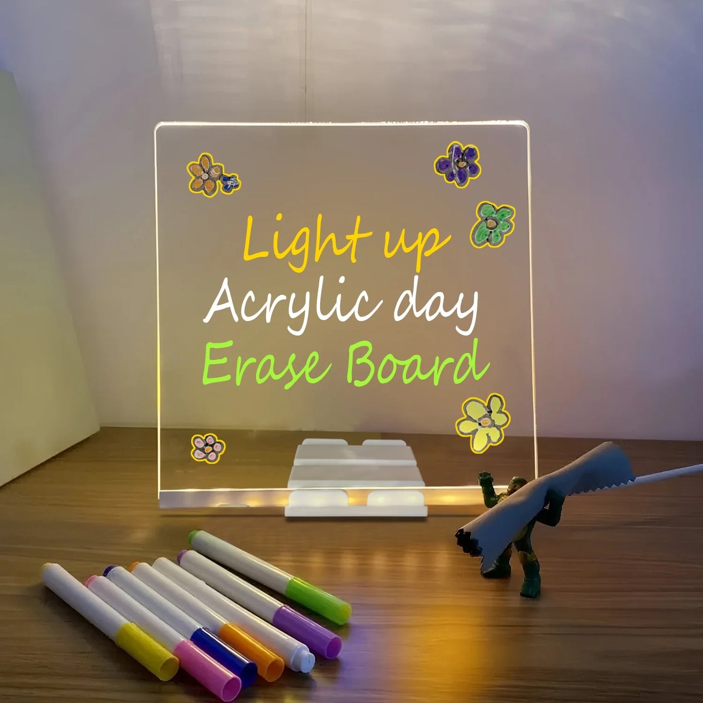 LED Light-Up Transparent Writing Board With 7 Marker | 15×15 cm Acrylic Pad with Stand | Colorful DIY Notes & Erasable Pens Rs 736