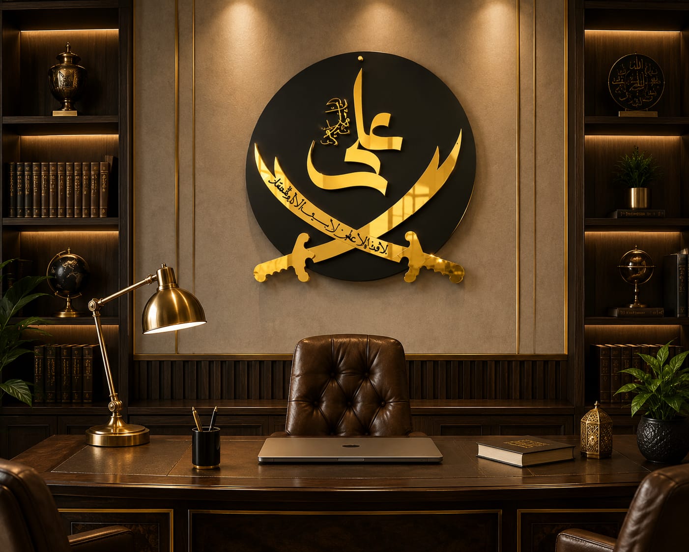 Premium Gold Acrylic & Black Wood Zulfiqar Wall Art – Islamic "Ali" Calligraphy -16*16 and 24*24 inches