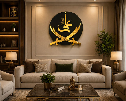 Premium Gold Acrylic & Black Wood Zulfiqar Wall Art – Islamic "Ali" Calligraphy -16*16 and 24*24 inches