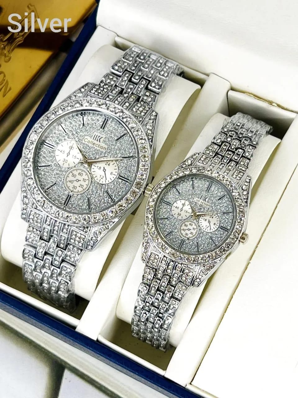 Luxury Diamond-Accented Couple Watch Set (Without Box) - Golden