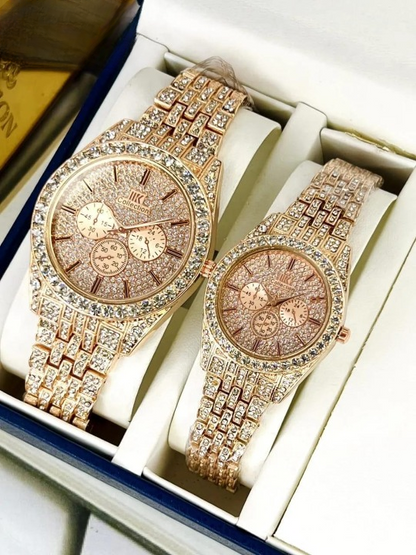 Luxury Diamond-Accented Couple Watch Set (Without Box) - Golden