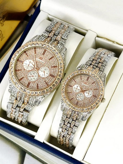 Luxury Diamond-Accented Couple Watch Set (Without Box) - Golden